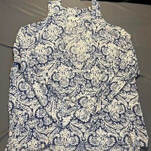 BD Collection XXL Blue White Damask Lace Up Grommet Neck Long Sleeve Blouse Top